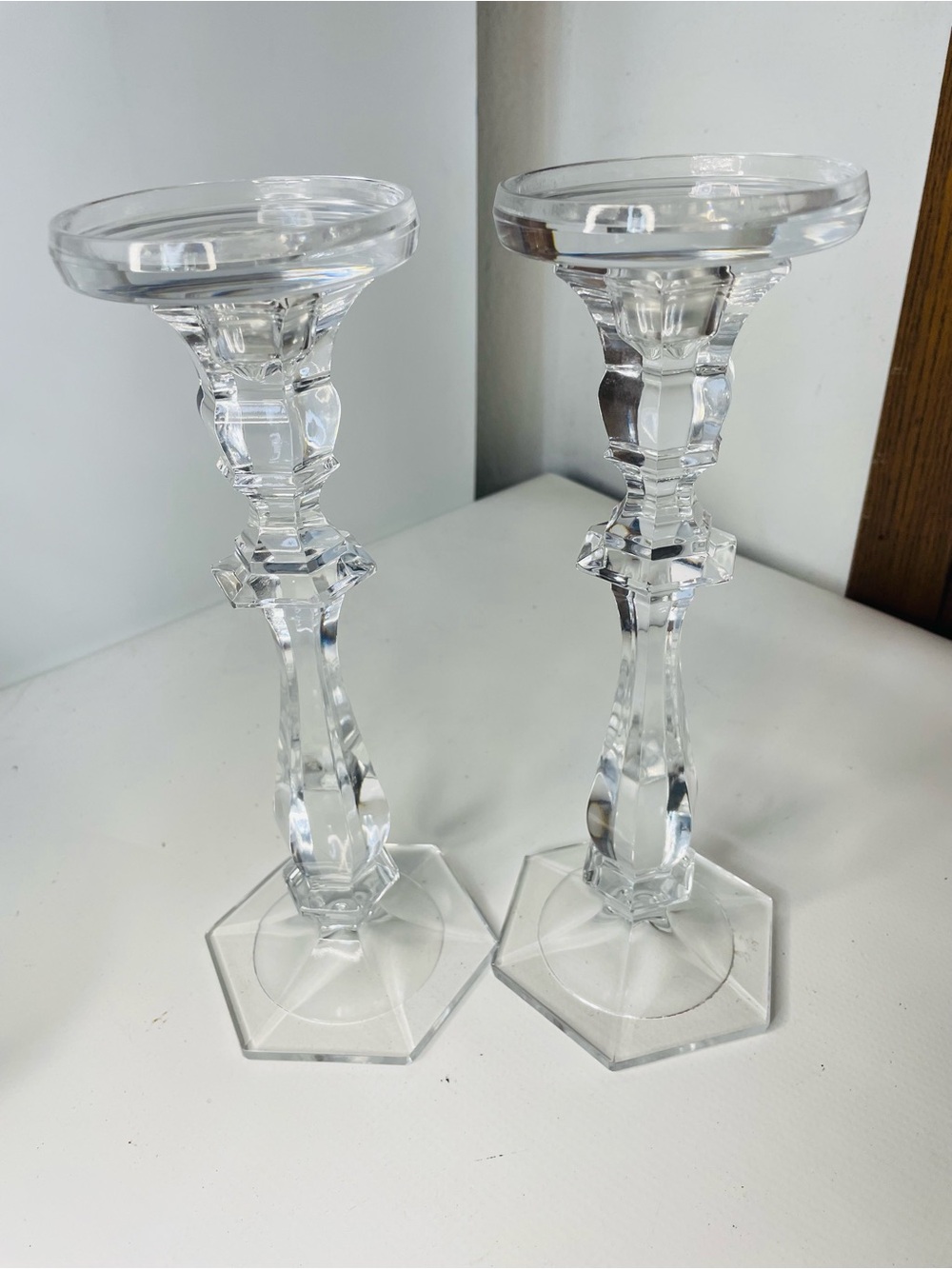 Vintage Pressed Glass Crystal-Style Glass Candle Holders - Pair W/ Bobeches